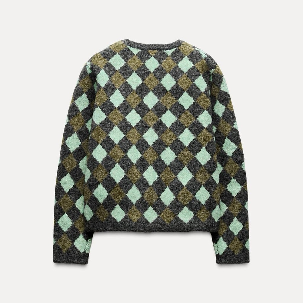 Zara Argyle Knit Jacquard Cardigan S - Picture 4 of 12
